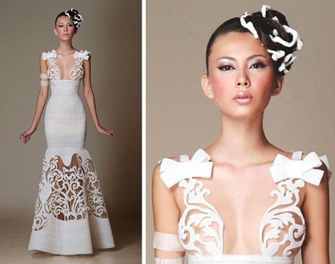 Lasers aren’t just for faces or sci-fi movies any more. Check out these to-die-for laser-cut fashions. May the force be with you.    Lingerie For Your Feet Cary Santiago, Laser Cut Fashion, 2015 Wedding Trends, Guo Pei, Laser Cut Dress, Paper Dress, Cameron Diaz, Art Dress, Wedding Trends