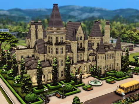 The Sims Resource - Private School Sims 4 School Building, Sims 4 Boarding School, Suburban House Sims 4, Boarding School Layout, School Exterior Design, Bloxburg Manor, Sims Exterior, School Exterior, Ts4 Lots