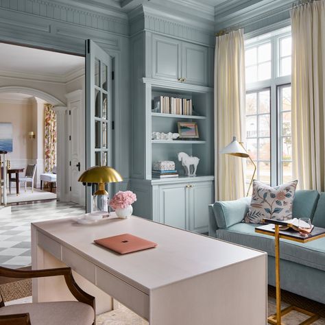 This room is the perfect marriage of function and beauty. We customized the built-ins to suit the client's needs and saturated the space in this blue hue for the ultimate Zoom meeting backdrop.  Interior Design: @northshorenest 📷: @dustinforest Coastal Library Room, Office With Seating Area, Small Office Interior Design Layout, Office Built Ins With Desk, Color Drenched Office, Office With Built Ins, Blue Office Design, Shared Home Office Ideas, Home Office Blue