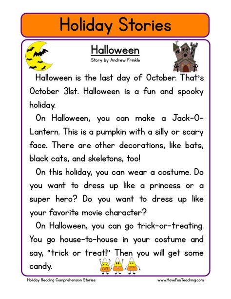 This Reading Comprehension Worksheet - Halloween is for teaching reading comprehension. Use this reading comprehension story to teach reading comprehension. Holiday Reading Comprehension, Third Grade Reading Comprehension, Halloween Reading Comprehension, Free Reading Comprehension Worksheets, Essay Ideas, Teaching Reading Comprehension, Halloween Reading, Topic Ideas, Halloween Worksheets