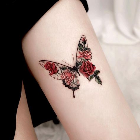 Rose Butterfly Tattoo Design, Butterfly Tattoo On Thigh For Women, Butterfly On Rose Tattoo, Red Rose With Butterfly Tattoo For Women, Unique Butterfly Rose Tattoo Designs, Butterfly And Rose Tattoo, Rose Butterfly Tattoo, Butterfly With Rose Wings Tattoo, Butterfly Forest Tattoo