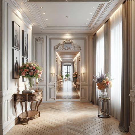 The hallway should feature white stucco walls, hefty wooden moldings, and a parquet floor. There should be an ornate mirror hanging in the center of one wall, a vintage-style console table beneath it holding a bouquet of colorful flowers. On the opposite wall, show a series of framed black and white photographs. Recessed downlights should cast a soft, inviting glow. A glimpse of an adjoining room with tall windows draped in luxurious silk curtains at the far end of the hallway can also be seen. Elegant Hallways Interior Design, Old Money Hallway, Parisian Hallway, Chic Floral Arrangements, Luxurious Hallway, Cozy Baby Room, Hallway Design, Classic Interior Design, Elegant Interiors