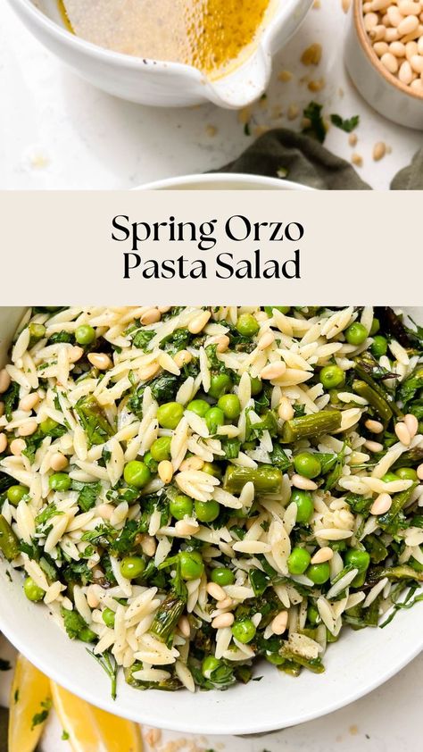 bowl of orzo pasta salad on a green linen cloth Aspargus Salad, Pea Orzo, Orzo Asparagus, Asparagus Pasta Salad, Spring Flavors, Lemon Vinaigrette Dressing, Potluck Salad, Orzo Salad Recipes, Spring Veggies