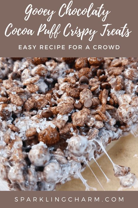 Gooey! Chocolaty Cocoa Puffs Crispy Treats are easy to make and a people pleaser! Super Bowl! Tailgating! Easy Dessert For A Crowd! #tailgatingrecipes #tailgating #superbowlrecipes #gamedayrecipes #cocoapufftreats #cocopuffbars Easy Dessert For A Crowd, Easy Crowd Meals, Dessert For A Crowd, Puff Dessert, Cocoa Krispies, Cocoa Puffs, Tailgating Recipes, Cereal Bars, Snacks To Make