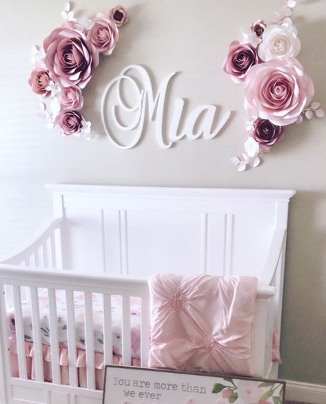 Name Above Crib, Everly Rose, Wooden Letters For Nursery, Letters For Wall Decor, Wooden Wall Letters, Nursery Name Sign, Paper Flower Wall Decor, Girl Nursery Room, Paper Flower Decor