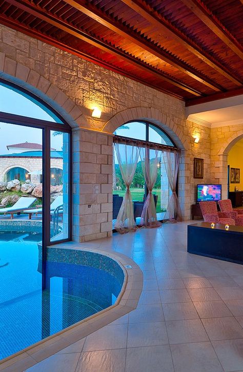 Platanias Villas with half indoor - half outdoor pool in Platanias, Chania, Crete! #luxury #villa #travel Half Inside Half Outside Pool, Half Indoor Half Outdoor Pool, Indoor Outdoor Lap Pool, Indoor Swimming Pool And Gym, Small Pool House, Private Villa With Pool, Cheap Pool, Inside Pool, Outside Pool