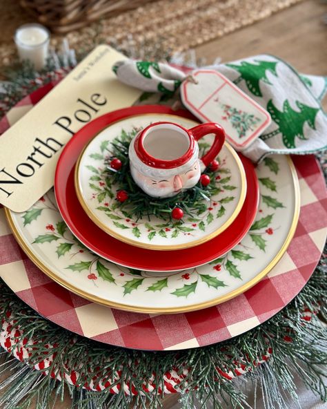 Another Christmas in July idea. These cute red stripe and holly dessert plates by Lenox, blend perfectly with the Lenox Holiday pattern. Some may shy away from the Holiday pattern as it seems a bit formal but these stoneware plates take that formality down a notch or two, right where I like it! As you can see, other table accessories add a touch of whimsey to make this a fun table. Getting your Christmas dishes now insures that they are in stock and ready for your Christmas table as soon ... Pretty Tablescapes, Christmas Buffet, Lenox Christmas, Stoneware Plates, Lenox Holiday, Cool Tables, Christmas Dishes, Holiday Patterns, Christmas Tablescapes