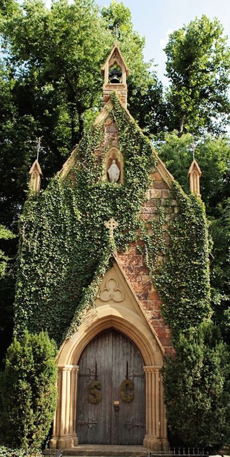 St. Catherine's stone w/ivy church at Bell Gable in Fayetteville, Arkansas built in 1990s. Charming! Tiny Chapel, Arkansas Travel, Abandoned Churches, Old Country Churches, Fayetteville Arkansas, Take Me To Church, Old Churches, Country Church, Cathedral Church