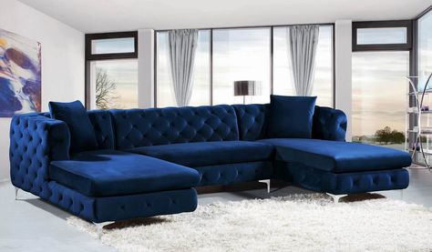 Blue Sectional, Blue Couch, Blue Velvet Sofa, Velvet Sectional, Double Chaise Sectional, Living Room Sofa Design, Design Salon, Meridian Furniture, Blue Living Room