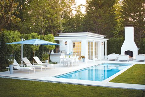 Outdoor Pool With Fireplace, Pool Fireplace Ideas, Pool Fireplace Backyard, Fenced In Pool Ideas, Fiber Glass Pool Ideas Backyard, White Pool House, Pool With Fireplace, Small Pool House Designs, Overgrown Backyard