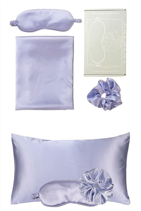 Pillowcase, scrunchie & eye mask made w/ high quality vegan silk. Gentle to skin & protects from friction.*Protects/Preserves Hair: Sleeping on satin reduces damage, protects styling & helps retain moisture. Scrunchie=no dents in hair, perfect for sleeping.*Perfect for Skin: Soft/silky set limits friction from fabric to skin & reduces apperance of sleep wrinkles. Satin finish fabric<absorbent, & skincare will stay in place. Soft cotton padded vegan silk eye mask=complete darkness Skin Self Care, Mask For Hair, Feather Chandelier, Silk Pillowcase Hair, Silk Eye Mask, Satin Set, Sleep Accessories, Satin Pillowcase, Sleep Set