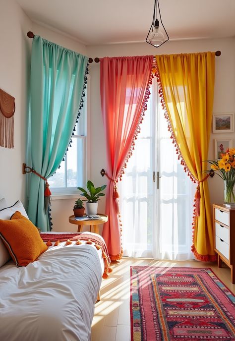 Boho Bedroom Curtains ideas Diy Door Curtain Boho, Boho Curtain Ideas, Boho Curtains Bedroom, Bright Bedroom Ideas, Curtain Ideas For Bedroom, Window Curtains Ideas, Blue Library, Bright Curtains, Cortina Boho