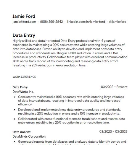 Check out Data Entry resume examples to highlight your accuracy, speed, and attention to detail, helping your application stand out to companies needing efficient data management. | data entry resume, data input specialist resume, administrative assistant resume Data Entry Resume, Random Vibes, Data Entry Clerk, Data Cleansing, Administrative Assistant Resume, Data Validation, Basic Resume, Data Migration, Resume Summary