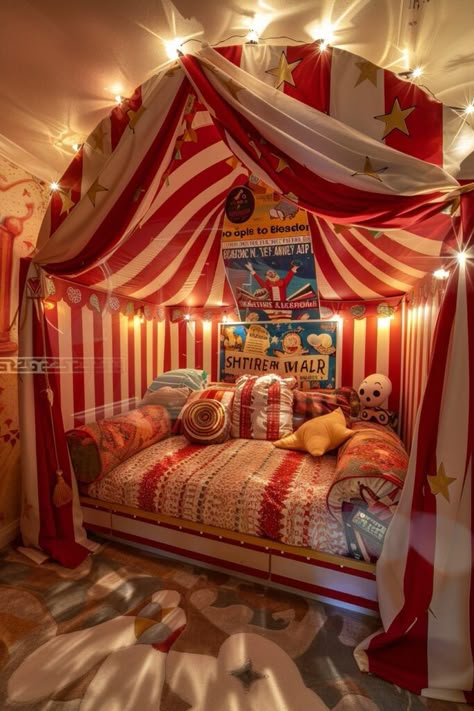 Circus Boho Extravaganza Room for Kids Funky Room Paint Ideas, Circus Room Aesthetic, Kid Core Room Ideas, Clowncore Room, Clown Bedroom, Circus Playroom, Circus Theme Room, Circus Room Decor, Circus Themed Bedroom