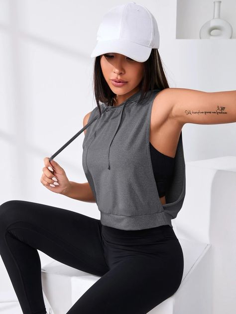 Yoga Basic Cut Out Drawstring Sports HoodieI discovered amazing products on SHEIN.com, come check them out! Open Side Shirt, Yoga Clothing, Sleeveless Hoodie, Sports Hoodies, Sport Tank Tops, Women Sports, Sleeveless Tank Top, Yoga Clothes, Outfits Casuales