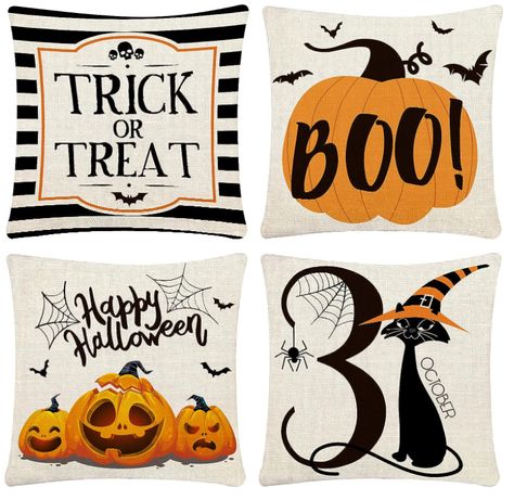 CH HAICHENG Halloween Pillow Covers 18x18 Set of 4 Trick or Treat Pillow Covers Happy Halloween Linen Sofa Bed Throw Cushion Cover Decoration Halloween Pillow Case, Halloween Pillows Covers, Halloween Throw Pillow, Halloween Pillow, Hal Decor, Bantal Sofa, Spider Webs, Halloween Pillows, Garden Pillows