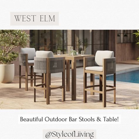 West Elm’s outdoor bar stools and bar table! Outdoor furniture. Outdoor High Top Table And Chairs, Outdoor Bar Stools With Backs, Modern Outdoor Bar Stools, Villa Ideas, Deck Bar, Driftwood Finish, Knysna, Patio Bar Stools, Outdoor Bar Table