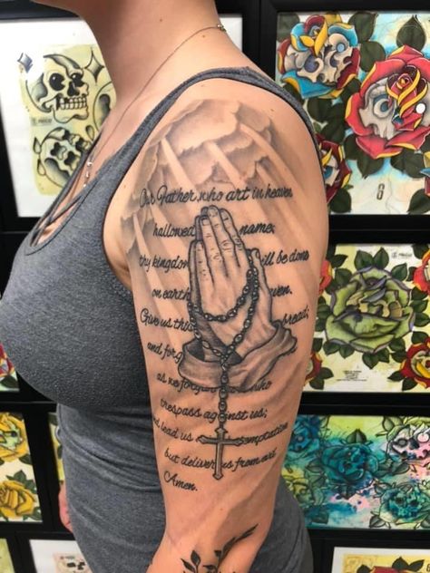 Praying hands, scripture, clouds, lords prayer, arm tattoo, healed, tattoo ideas for everyone, tattoo Prayers Tattoo Ideas, Cloud Tattoo Ideas Female, The Lords Prayer Tattoo, Lord’s Prayer Tattoo, Praying Hands Tattoo For Women, Prayer Tattoos For Women, God Arm Tattoo, Lords Prayer Tattoo, Jesus Tattoos For Women