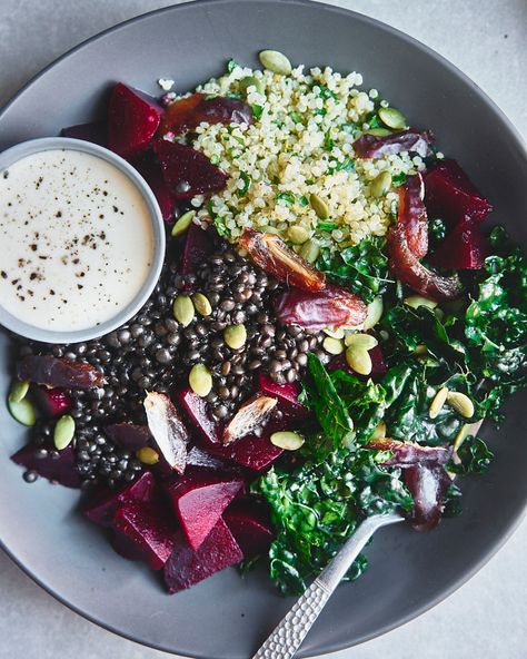 Spicy Beet Balance Bowls with Beluga Lentils, Dates and Hummus Dressing - Good Eatings Beluga Lentil Recipes, Lentil And Beet Salad, Beluga Lentils Salad, Black Lentil Recipes Salad, Black Lentil Bowl, Lentil Beet Salad, Beluga Lentil Salad, Lentils Bowl, Beluga Lentils Recipes