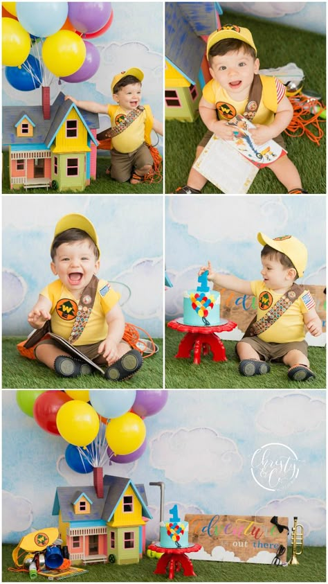 Pixar's UP Cake Smash | First Birthday Session | Christy & Co. Photography Up Bday Theme, Birthday 2 Year Boy, Up Party Theme Disney, Up Themed Birthday Party Pixar, Up Birthday Party Theme Disney, Up Cake Smash, Boys First Birthday Cake, Up Birthday Party, Cake Smash First Birthday