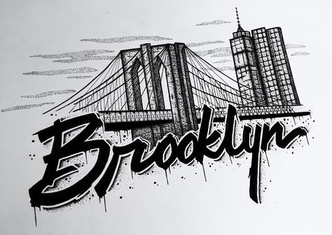 Brooklyn Typography Illustration. Artist: Kurt Smale Brooklyn Bridge Tattoo Ideas, Brooklyn Bridge Tattoo Design, Brooklyn Tattoo Ideas New York, Brooklyn Tattoo Ideas, Brooklyn Bridge Tattoo, Brooklyn Typography, New York Drawing, Bridge Tattoo, Half Sleeve Tattoo Stencils