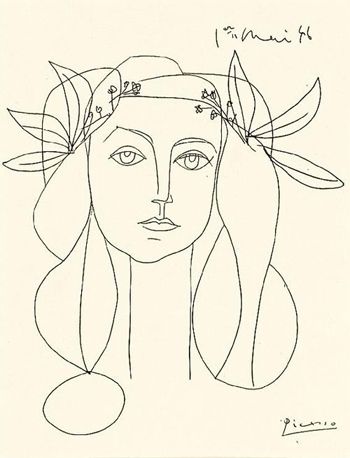 Picasso, Head, 1946. Drawing of his mistress Francoise Gilot. Line Drawings, Pablo Picasso, Line Drawing, I Hope, Drawings, Flowers, Hair