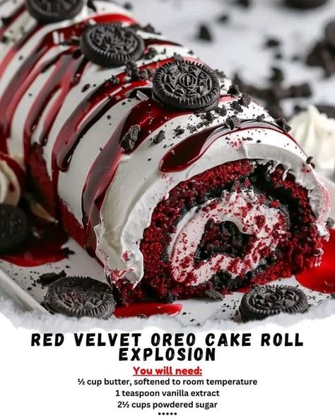 Olivia's kitchen | 🎂✨ Red Velvet Oreo Cake Roll Explosion ✨🎂 | Facebook Oreo Cake Roll, Red Velvet Oreo Cake, Christmas Cake Recipe, Red Velvet Oreo, Birthday Cake Decorating Ideas, Cake Roll Recipes, Easy Baking Recipes Desserts, Oreo Cake, Tasty Baking