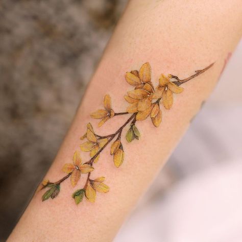 Forsythia Tattoo Flower, Yellow Jessamine Tattoo, Cassia Fistula Tattoo, Yellow Flowers Tattoo, Forsythia Tattoo, Yellow Ink Tattoos, Yellow Flower Tattoo, Yellow Tattoos, Yellow Flower Tattoos