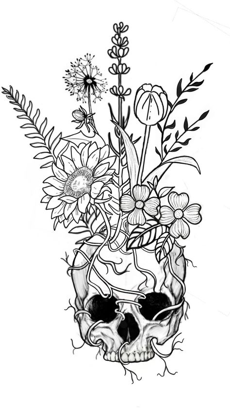 Skull flowers tattoo tattoo design basic pretty floral flower  sunflower tulip dandelion vines skull skull art Skull Flowers Tattoo, Dark Tattoo Designs, Skull Flowers, Skeleton Tattoos, Flowers Tattoo, Dark Tattoo, Flower Skull, Skull Tattoos, Dope Tattoos