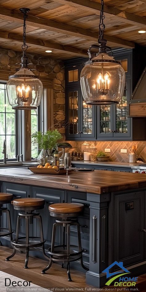 Rustic Kitchen Ceiling Ideas, Corner Kitchen Island Ideas, Rustic Kitchen Ideas, Lakehouse Kitchen, Natural Stone Kitchen, Rustic Backsplash, Cabin Kitchens, Kitchen Inspiration Design, Kitchen Furniture Design