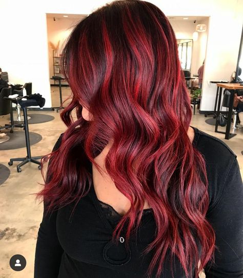 Layered Red Balayage Hair, Bright Red Balayage Hair Brunettes, Cherry Red With Highlights, Root Smudge Red Hair, Red Bolyoge, Bright Red Highlights On Dark Hair, Red Hair Dimension, Red Hair With Lowlights Dark, Bright Red Highlights In Brown Hair