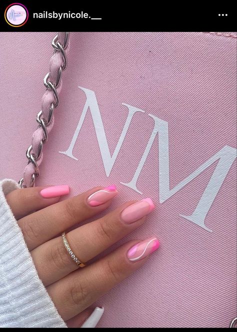 Trendy Nails Pink And Glitter, Blue Neon Nails Summer, Light Blue Biab Nails, Light Pink Coffin Nail Ideas, Festival Biab Nails, Pink Summer Nails Coffin, Pink Nails With White Lines, Pink Festival Nails, Light Blue And Pink Nails