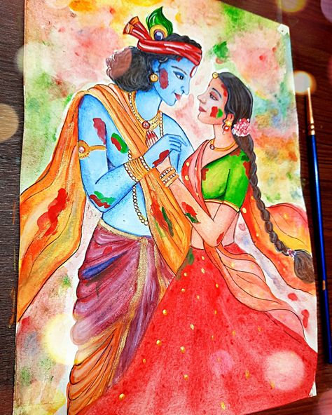 In this painting Radha Krishna are playing holi Radha Krishna Playing Holi Paintings, Radha Krishna Holi Drawing Easy, Holi Painting Watercolor, Indian Festival Painting, Holi Artwork, Indian Festival Drawing, Painting Radha Krishna, Holi Painting, Holi Drawing