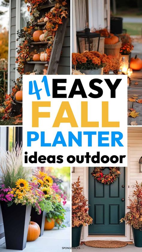 Fall Planter Ideas, Rustic Fall Porch, Fall Urn, Porch Planter Ideas, Fall Porch Decorating Ideas, Fall Flower Pots, Fall Porch Ideas, Outside Planters, Fall Pots