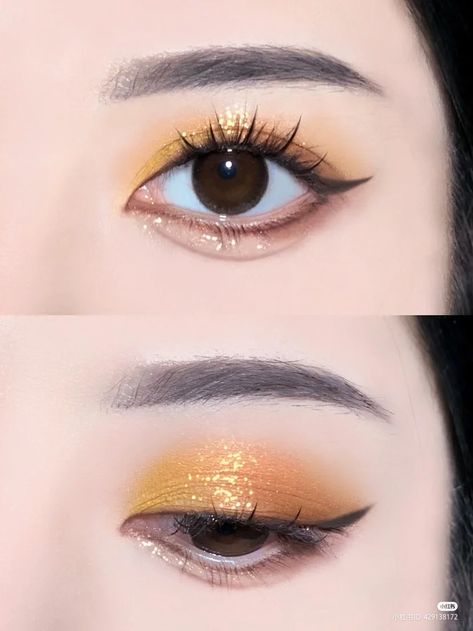 Douyin Yellow Eye Makeup, Cute Yellow Makeup Looks, Yellow Simple Makeup, Korean Yellow Makeup, Eyeshadow Looks Yellow, Makeup Yellow Eyeshadow, Prom Makeup Yellow, Yellow Orange Eye Makeup, Light Yellow Makeup