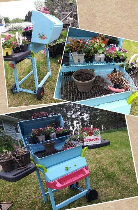 BBQ Grill Potting bench : ) Made by my friend Amanda! Potting Bench Upcycled, Repurposed Gas Grill, Old Bbq Grill Repurpose, Potter Bench, Repurposed Grill, Backyard Wonderland, Tin Flower Pots, Recycled Garden Planters, Potting Bench Ideas