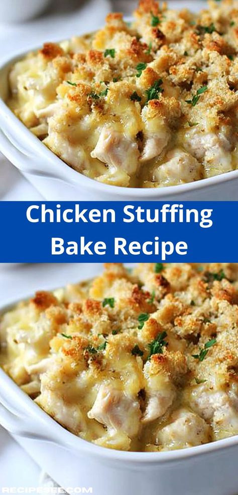 Need a go-to recipe for your next gathering? Discover this Chicken Stuffing Bake, a flavorful and simple casserole that’s sure to impress your guests. It's an ideal choice for potlucks and family feasts. Chicken Stuffing Recipes Easy, Stove Top Stuffing Recipes Casseroles, Chicken Stuffing Casserole Bake, Stuffing Casserole Recipes, Stuffing And Chicken, Chicken Casserole With Stuffing, Dressing And Chicken, Chicken Stuffing Bake, Stuffing Bake