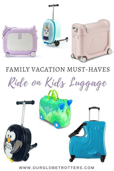 Are your kids ready to try ride-on luggage? Fun but practical, these ride-on luggage and ride on scooter brands have been helping parents travel the world with their kids. Here are all our top picks for the best ride-on luggage | Our Globetrotters - adventurous family travel Kids Travel Essentials, Toddler Suitcase, Toddler Luggage, Toddler Travel Bag, Luggage For Kids, Scooter Luggage, Adventurous Family, Kids Travel Bags, Airport Luggage