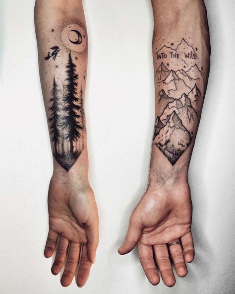 Landscape tattoos for a couple by Sasha Tattooing Mountains Tattoo, Mother Son Tattoos, 13 Tattoos, Hiking Tattoo, Tattoos Mandala, Nature Tattoo, Landscape Tattoo, Forest Tattoos, Tattoo For Son