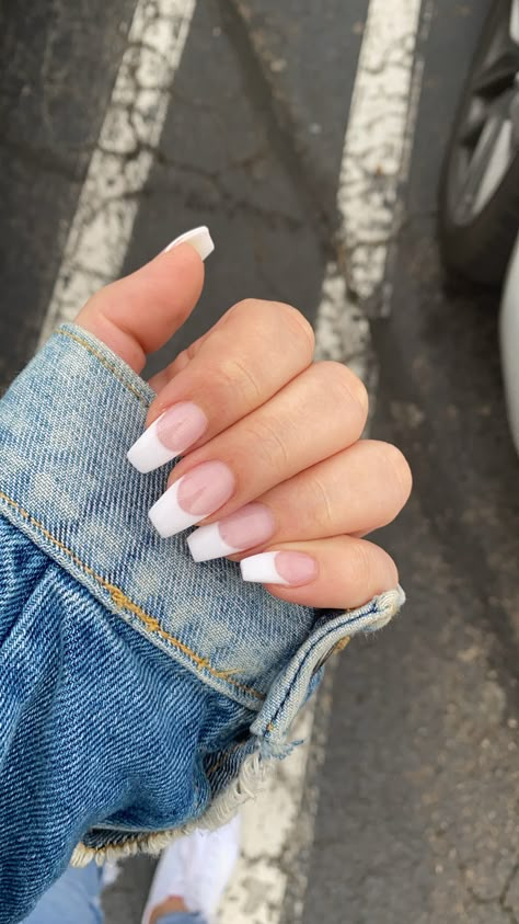 Coffin Acrylic Nails White French Tip, French Tip Coffin Shaped Nails, White Tips Nails Coffin, Prom Nails Coffin Shape, French Tip Nails White Coffin, Pink And White French Tip Nails Coffin, Pink And White Nails French Coffin, Cute French Tip Nails White, Coffin Shape French Nails