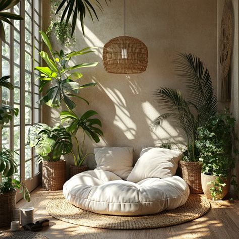 Zen-Inspired Meditation Corner: Crafting a Peaceful Retreat at Home - MAFNER Meditation And Reading Corner, Zen Cottage Interior Design, Meditation Home Decor, Yoga Studio Lounge Area, At Home Yoga Studio Design, Meditation Spot Ideas, Zen Home Interior, Zen Garden Room, Small Yoga Room At Home