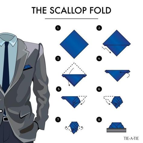 Looking for an alternative, intricate, yet fairly relaxed pocket square fold? Cue the scallop fold. The Scallop Fold is a somewhat complex pocket square fold that provides for a unique, layered look. Given the way the finished fold falls, this is best worn with a silk pocket square. The layered and intricate nature of the scallop fold make it ideal for both casual and formal settings Handkerchief Folding, Simpul Dasi, Pocket Square Folds, Tie A Necktie, Pocket Square Styles, Polite Society, Tie Fashion, Mode Tips, Mens Silk Ties