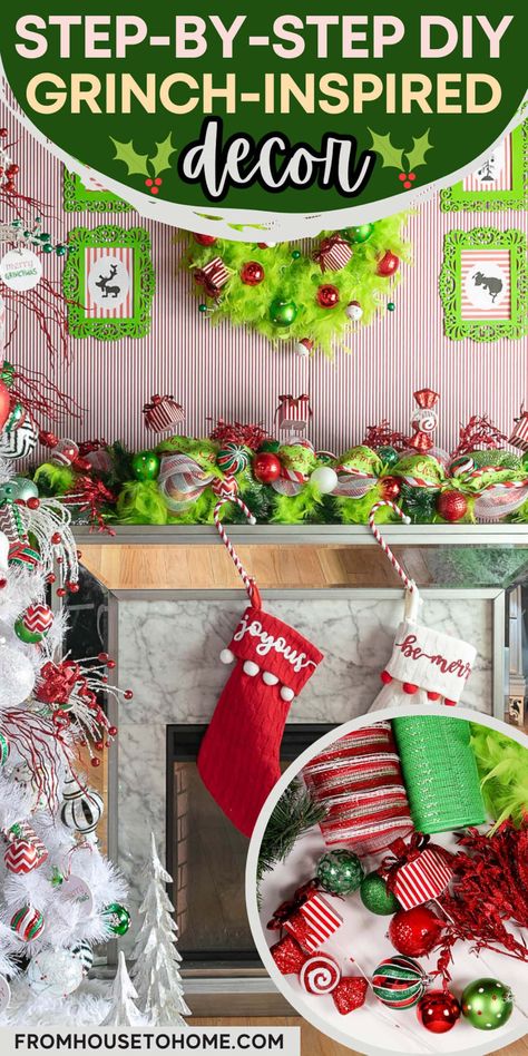 DIY Grinch Garland &#8211; A Step-By-Step Tutorial | Holidays and Events Grinch Mantle Decor Diy, Grinch Christmas Decorations Fireplace, Grinch Door Garland Diy, Diy Grinch Garland, Outside Diy Christmas Decorations, Grinch Diy Crafts, Grinch Fireplace Garland, Grinch Garland Diy, Christmas Door Garland Grinch