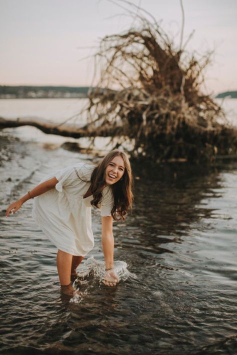 Fall Lake Senior Pictures, Senior Pictures With Passed Loved Ones, Dress In Water Senior Pictures, Creek Picture Ideas, Senior Picture Creek Ideas, Senior River Pictures, Senior Pictures In A Creek, Senior Picture Ideas Dock, Senior Pictures By Lake