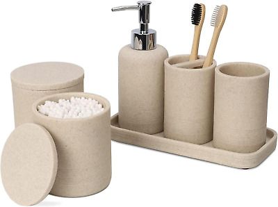 Beige Bathroom Accessories Set - 6-Piece Countertop Vanity Organizer  | eBay Countertop Vanity, Rustic Bathroom Shelves, Bathroom Stand, Bathroom Vanity Tray, Vanity Organizer, Stainless Steel Paint, Counter Top Accessories, Bathroom Tumbler, Organizer Bathroom