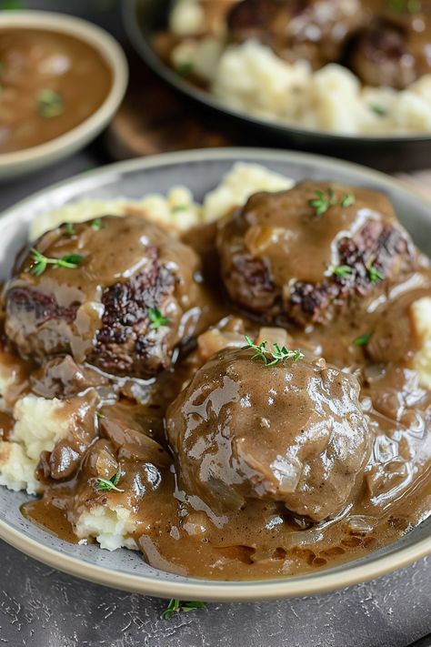 This Slow Cooker Salisbury Steak dinner is the epitome of comfort food! It's packed with flavor and the meat is wonderfully tender, accompanied by the most delightful gravy. Truly a scrumptious recipe for Salisbury Steak! This dish is a household favorite—we're big fans of meat and potatoes around here! I love to prepare these steaks Turkey Salisbury Steak Recipes, Salisbury Steak With Turkey Meat, Ground Turkey Salisbury Steak, Easy Slow Cooker Salisbury Steak, Slow Cooker Salisbury Steak By 12 Tomatoes, Turkey Salisbury Steak, Best Salisbury Steak Recipe, Allrecipes Salisbury Steak, Slow Cook Turkey