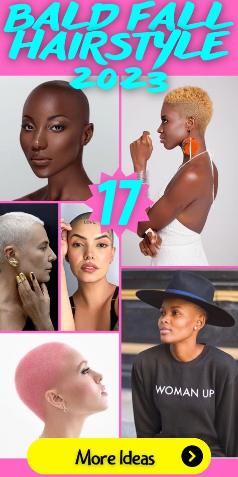 Embrace the upcoming fall season with our bold and stylish bald fall hairstyle 2023 for women. Explore the beauty of shaved heads and discover a variety of black short haircuts that suit your unique style. From edgy male pattern designs to vibrant color options, there's a look for everyone. Enhance your round face shape with flattering buzz cuts and cute edges, ensuring you feel confident and fabulous. Find the perfect hairstyle to cover any spots and embrace your natural beauty with ease. Bold Haircut For Women, Blonde Bald Fade Women Black, Bald Head Black Women, Buzz Cut Women Round Face, Black Short Haircuts, Buzz Cut Black Women, Cute Edges, Bold Haircut, Bald Women Fashion