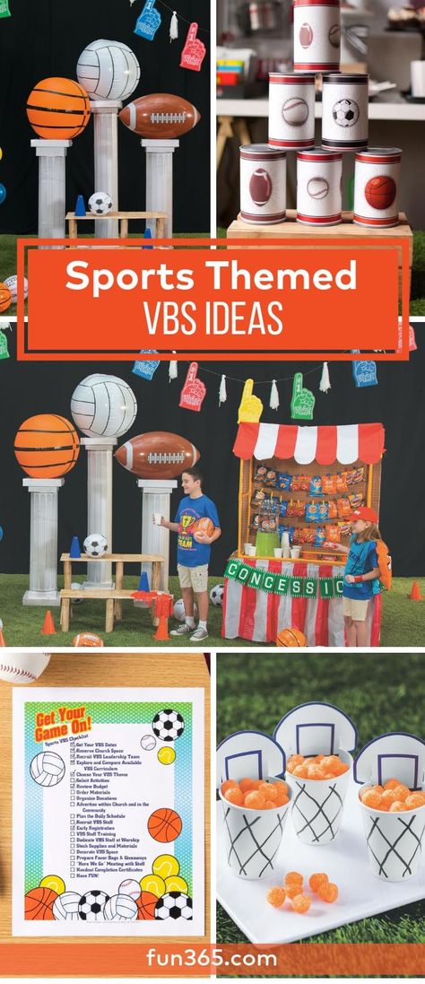 Everybody is on God's team with this VBS theme. A concession stand snack table, foam finger garland and dirt pudding soccer field make this theme amazing. Get started with planning with our sports themed checklist. Vbs Olympics Theme, Vbs Sports Theme, Sports Day Theme Ideas, Game Vbs, Sports Vbs, Vbs Olympics, God's Army, Soccer Crafts, Stall Decorations