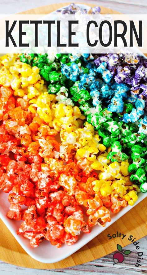 Rainbow popcorn, a colored popping corn with gel food coloring and white sugar, is the delicious basis for what is commonly known and enjoyed as Kettle corn. The sweet and salty flavors, dressed up in rainbow colors, are a fun tasty popcorn treat that feels like the county fair but can be made at the home stovetop. #rainbowpopcorn #tiktok #viralrecipe @SaltySideDish #kettlecorn Kettle Corn Popcorn Recipe, Popcorn Stovetop, Colored Popcorn Recipe, Flavored Popcorn Recipes, Popcorn Recipes Sweet, Kettle Corn Recipe, Sugar Popcorn, Kettle Corn Popcorn, Popcorn Recipes Easy