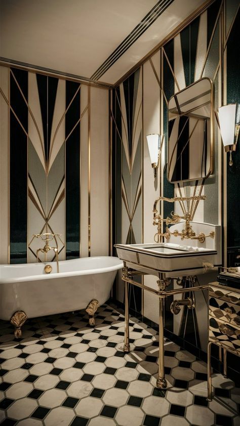 Vintage Glamour Home, Art Deco Bathroom Mirrors, Art Deco Hotel Design, Gatsby House Interior, Art Deco Sink, Art Deco Restroom, Art Deco Toilet Room, Modern Edwardian Bathroom, Black And White Marble Bathroom Ideas